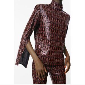 Zara Sequin Plaid Shirt Top Medium Slit Cuff Mock Neck Blogger Favorite Black 